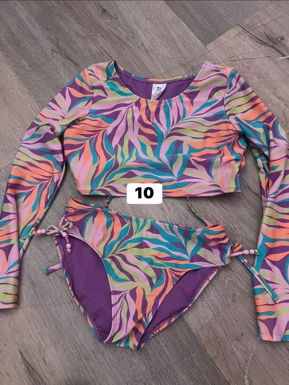 Kids Long Sleeve Two-Piece Swim Set - Purple Multi Leaf Print